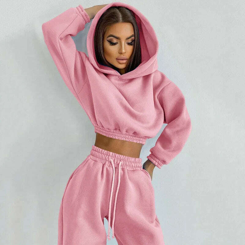 KIMLUD, Fashion Women's Clothes Solid Color Casual Hooded Short Hoodie Girdling Drawstring Sweatpants Suit 2 Piece Sets Women Outfit, KIMLUD Womens Clothes