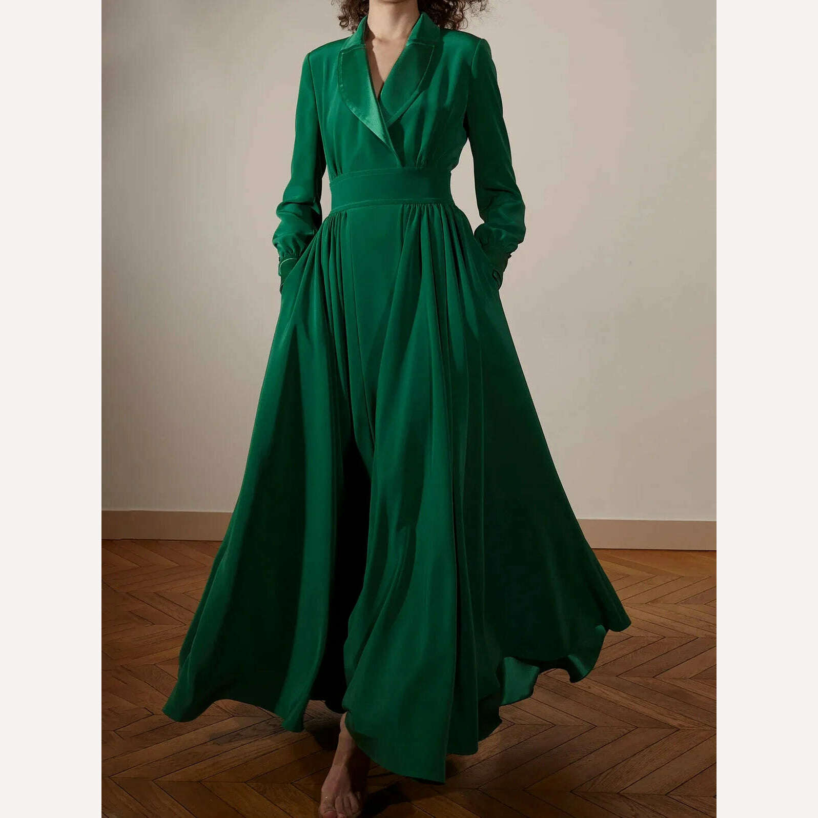 KIMLUD, Fashion Women's Long Dress Velvet Autumn Shawl Collar Pocket Evening Party Prom Dress Long Sleeve Pleated Vestidos largos 2024, Green / L / CHINA, KIMLUD APPAREL - Womens Clothes