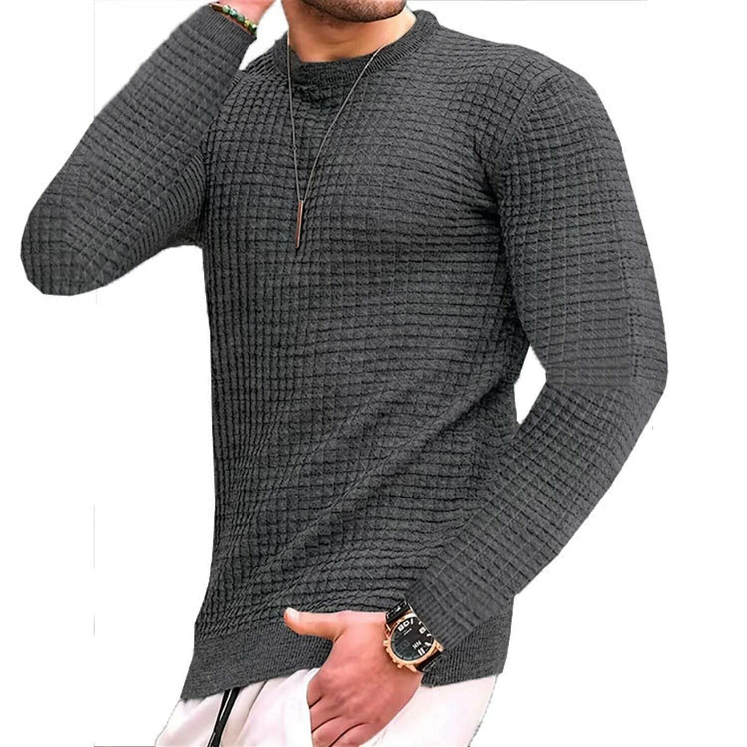 Fashionable Men's Hoodie with Small Check Waffle Round Neck Jacquard Coat Youth Casual Sweatshirt - KIMLUD