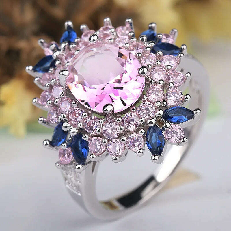 KIMLUD, Fasion Real Solid 925 Sterling Silver Ring Women Gift AAA Multi Color Zircon Jewelry Blue Pave Flower Wedding Silver Rings Gift, 6, KIMLUD APPAREL - Womens Clothes