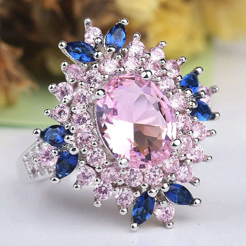 Fasion Real Solid 925 Sterling Silver Ring Women Gift AAA Multi Color Zircon Jewelry Blue Pave Flower Wedding Silver Rings Gift - KIMLUD