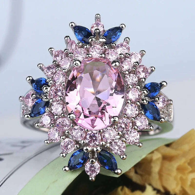 Fasion Real Solid 925 Sterling Silver Ring Women Gift AAA Multi Color Zircon Jewelry Blue Pave Flower Wedding Silver Rings Gift - KIMLUD