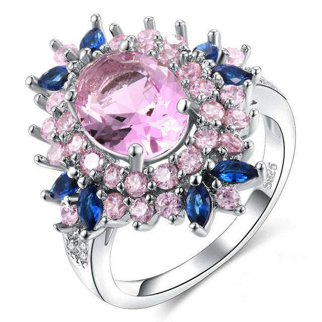 Fasion Real Solid 925 Sterling Silver Ring Women Gift AAA Multi Color Zircon Jewelry Blue Pave Flower Wedding Silver Rings Gift - KIMLUD