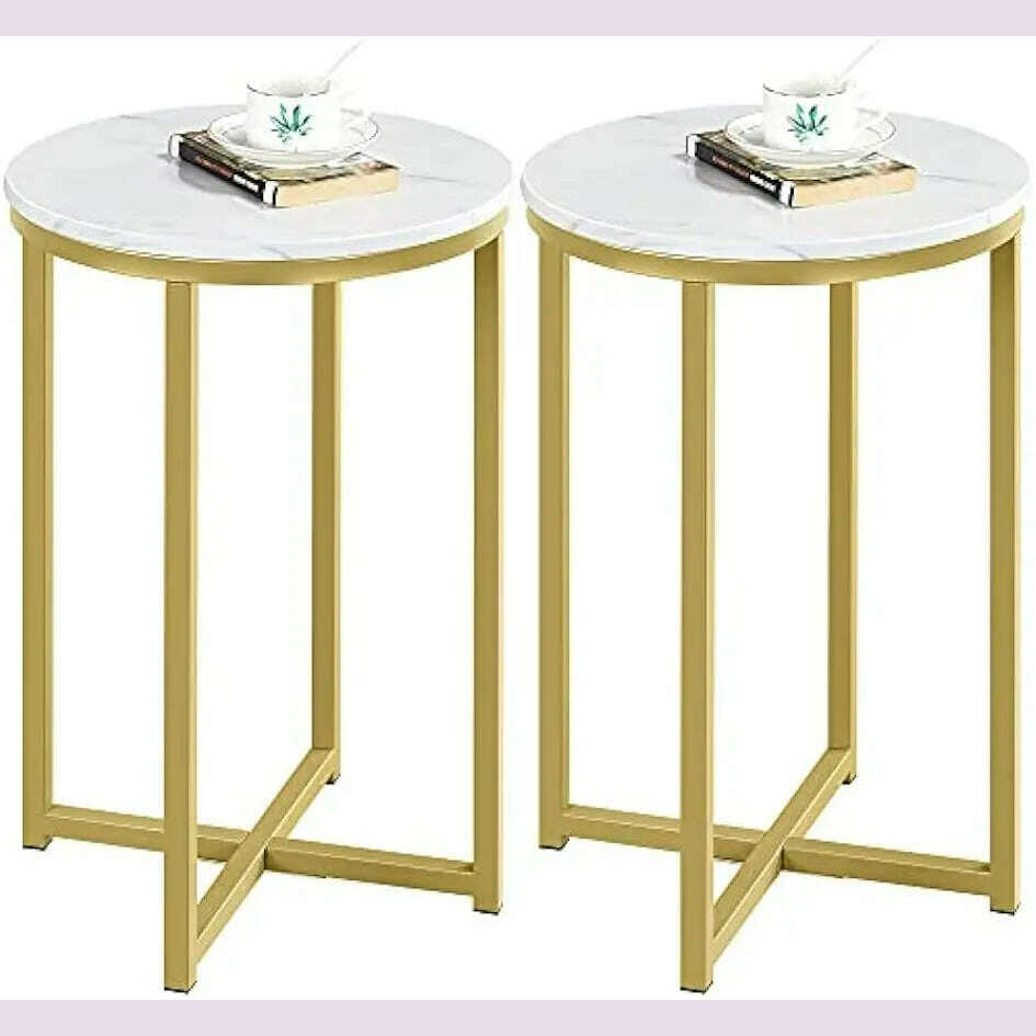 KIMLUD, Faux Marble Side Table Set of 2, Round Table Accent Sofa Side Table w/Sturdy X-Based,Sturdy Metal Legs for Living Room/Office, Mustard Gold / United States, KIMLUD APPAREL - Womens Clothes