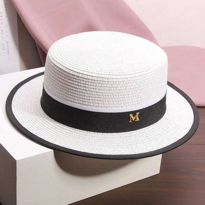 Female Summer Outing Beach Hat Beach Sun Shading and Sun Protection Grass Hat Flat Top Hat - KIMLUD