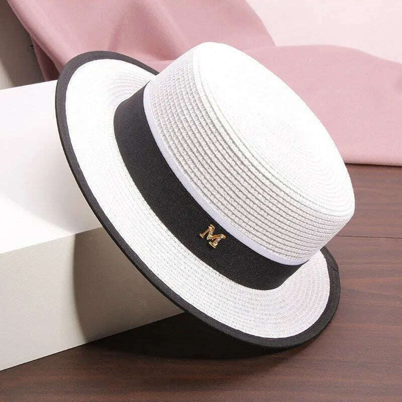 KIMLUD, Female Summer Outing Beach Hat Beach Sun Shading and Sun Protection  Grass Hat Flat  Top Hat, KIMLUD Womens Clothes