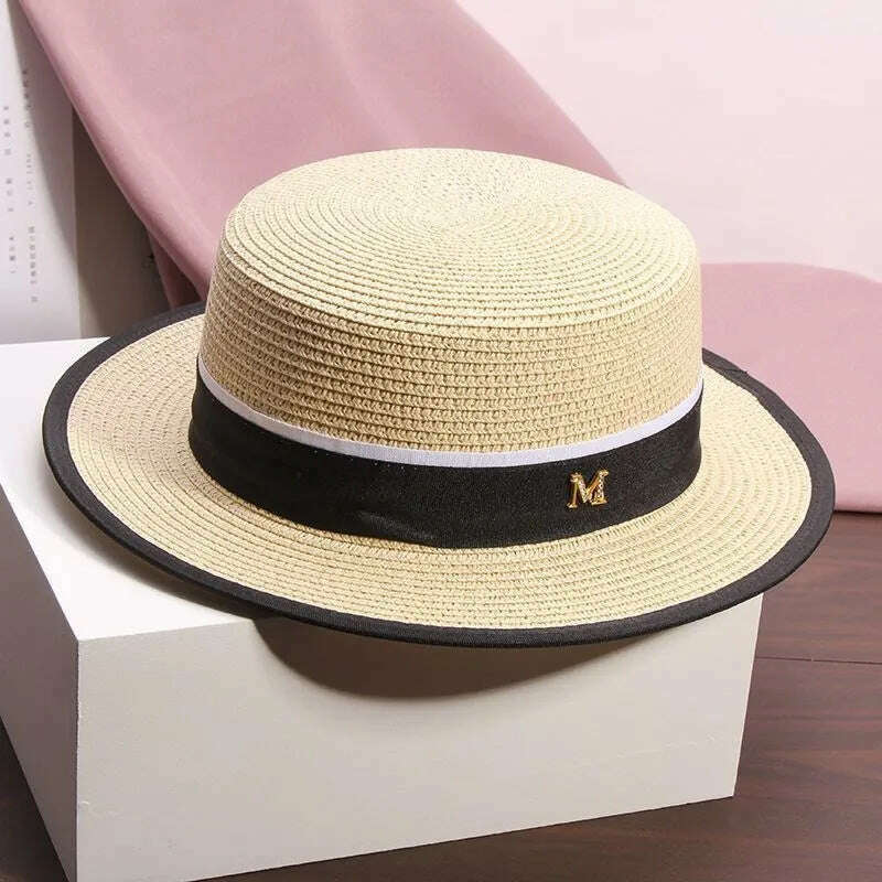 KIMLUD, Female Summer Outing Beach Hat Beach Sun Shading and Sun Protection  Grass Hat Flat  Top Hat, Apricot, KIMLUD APPAREL - Womens Clothes