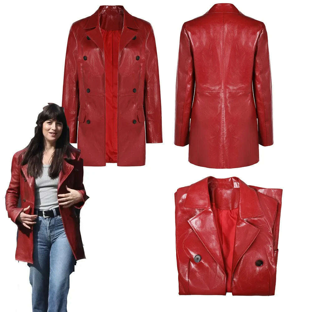 Female Webb Madame Cosplay Red Jacket Role Play Costume Adult Women Outfit Fantasy Movie Leather Coat Halloween Carnival Suit - KIMLUD