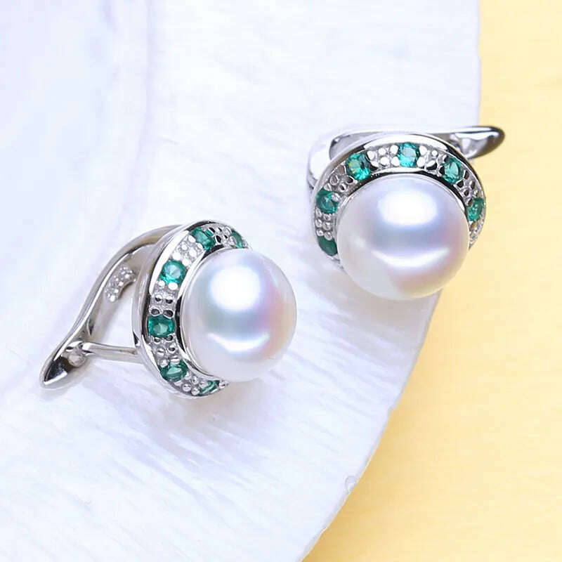 KIMLUD, FENASY 925 Sterling Silver Natural Freshwater Pearl Earrings Green Crystal Boho Stud Earrings For Women Emerald Wedding  Jewelry, KIMLUD Womens Clothes