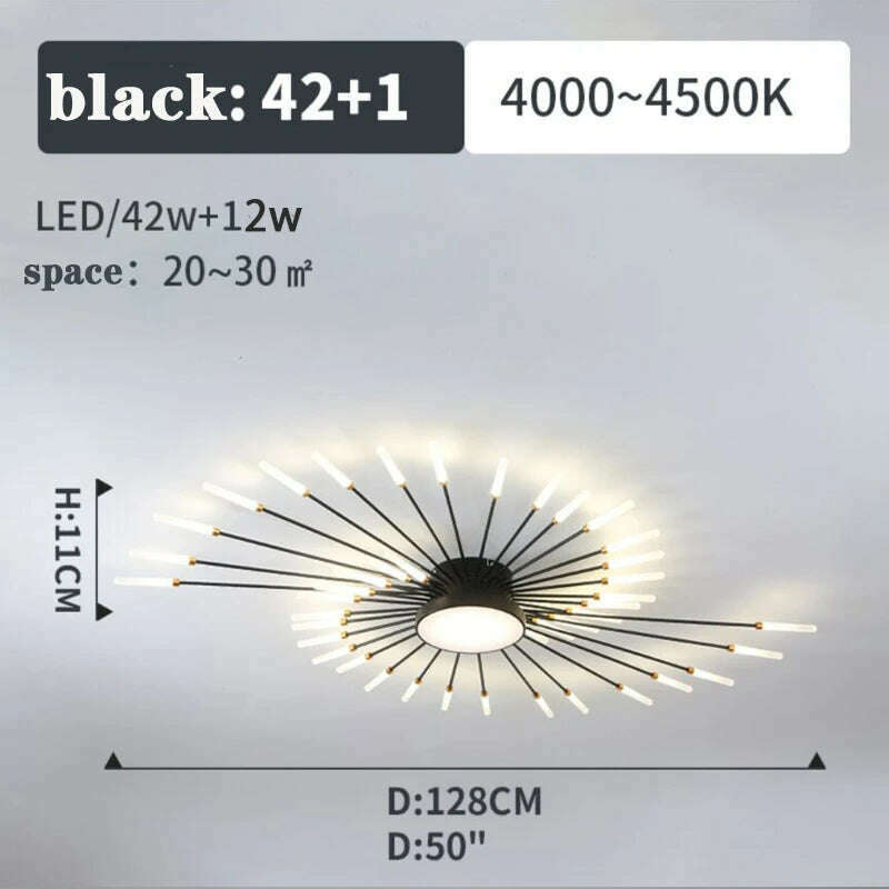 KIMLUD, Firework Shape Ceiling Lamp New Led Aisle Light for Study Room Bedroom Foyer Kitchen Indoor Lighting Villa Apartment Chandelier, Black 42 and1 Heads / Neutral Light, KIMLUD APPAREL - Womens Clothes