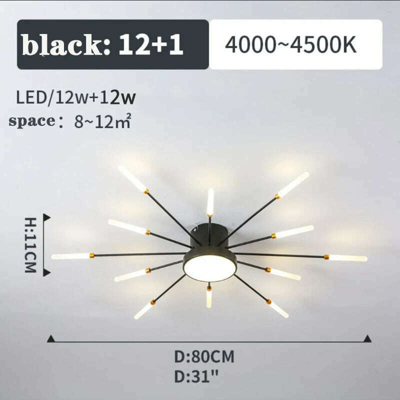 KIMLUD, Firework Shape Ceiling Lamp New Led Aisle Light for Study Room Bedroom Foyer Kitchen Indoor Lighting Villa Apartment Chandelier, Black 12 and1 Heads / Neutral Light, KIMLUD APPAREL - Womens Clothes