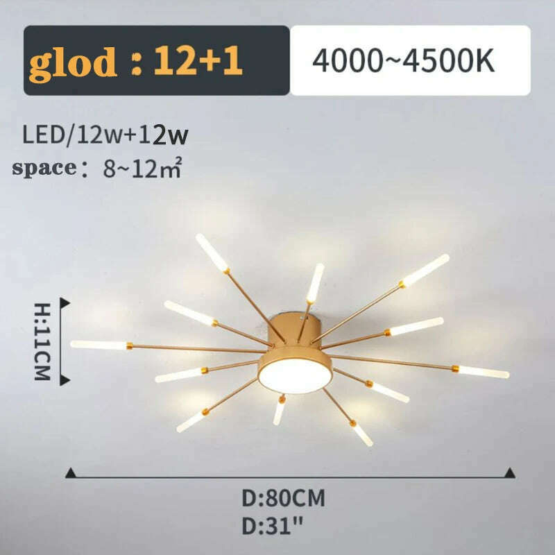 KIMLUD, Firework Shape Ceiling Lamp New Led Aisle Light for Study Room Bedroom Foyer Kitchen Indoor Lighting Villa Apartment Chandelier, Gold 12 and1 Heads / Neutral Light, KIMLUD APPAREL - Womens Clothes