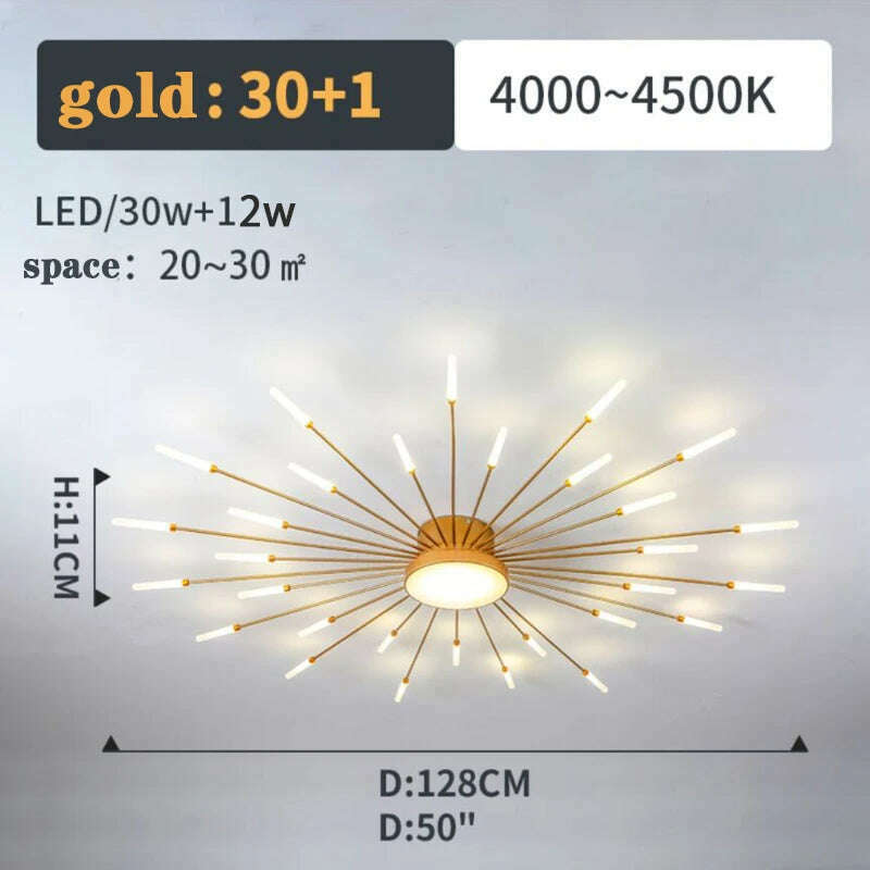 KIMLUD, Firework Shape Ceiling Lamp New Led Aisle Light for Study Room Bedroom Foyer Kitchen Indoor Lighting Villa Apartment Chandelier, Gold 30 and1 Heads / Neutral Light, KIMLUD APPAREL - Womens Clothes