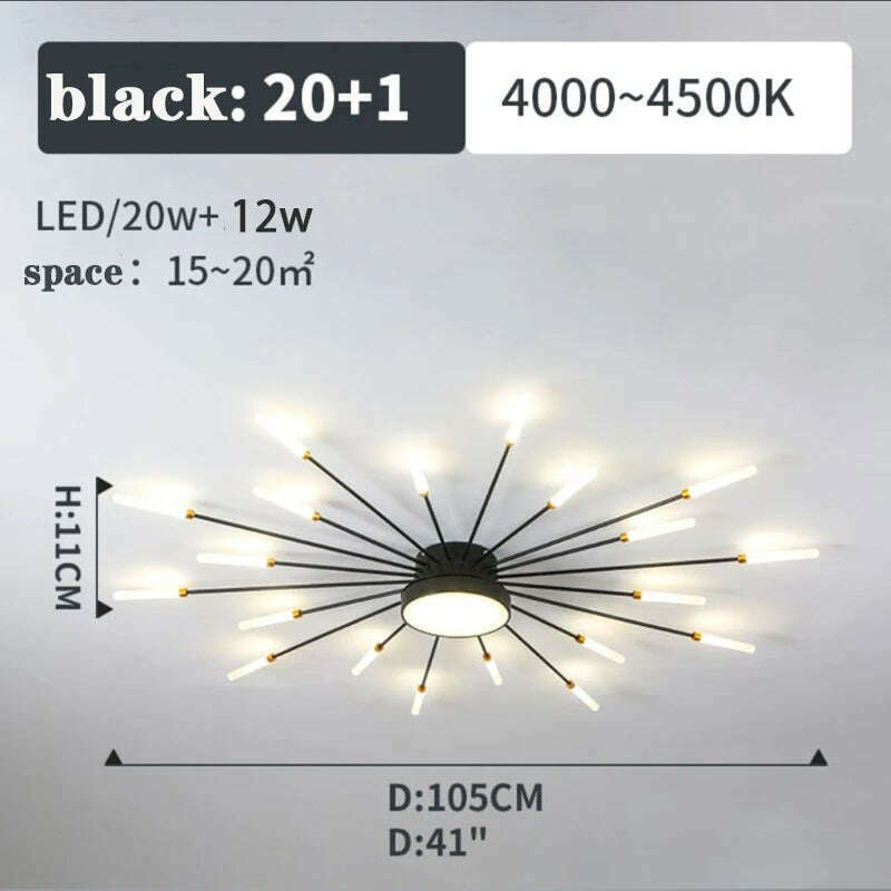 KIMLUD, Firework Shape Ceiling Lamp New Led Aisle Light for Study Room Bedroom Foyer Kitchen Indoor Lighting Villa Apartment Chandelier, Black 20 and1 Heads / Neutral Light, KIMLUD APPAREL - Womens Clothes