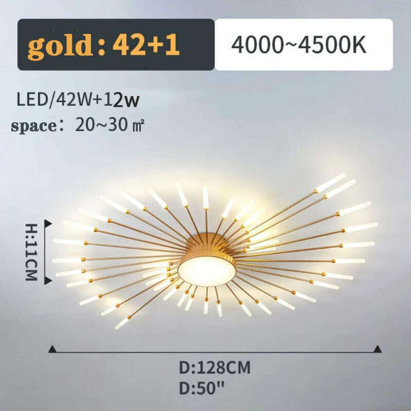 KIMLUD, Firework Shape Ceiling Lamp New Led Aisle Light for Study Room Bedroom Foyer Kitchen Indoor Lighting Villa Apartment Chandelier, Gold 42 and1 Heads / Neutral Light, KIMLUD APPAREL - Womens Clothes