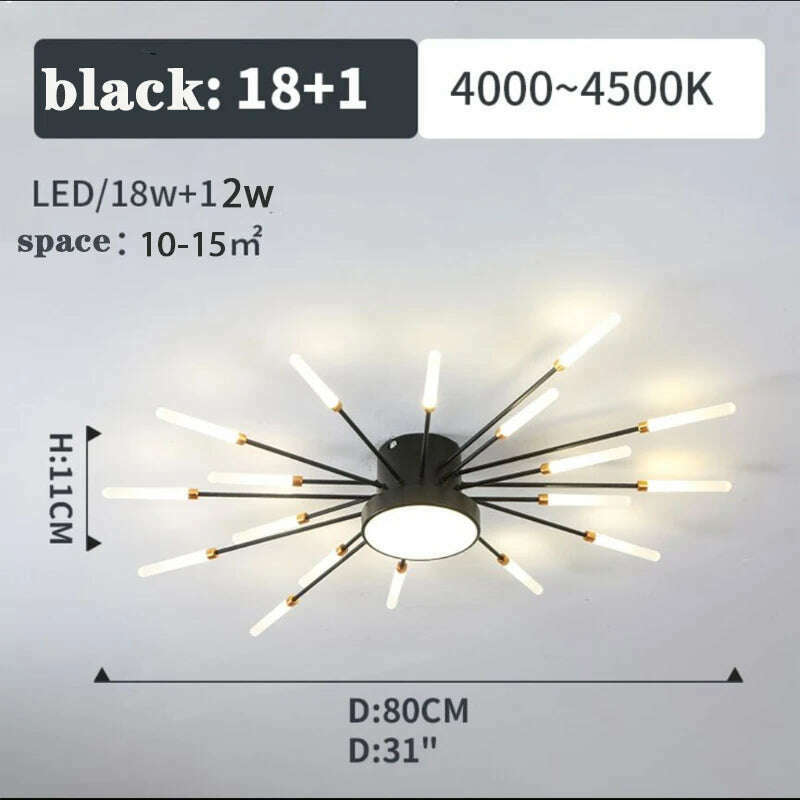 KIMLUD, Firework Shape Ceiling Lamp New Led Aisle Light for Study Room Bedroom Foyer Kitchen Indoor Lighting Villa Apartment Chandelier, Black 18 and1 Heads / Neutral Light, KIMLUD APPAREL - Womens Clothes