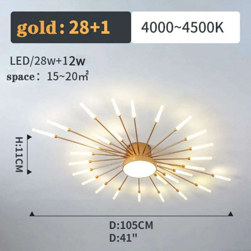 KIMLUD, Firework Shape Ceiling Lamp New Led Aisle Light for Study Room Bedroom Foyer Kitchen Indoor Lighting Villa Apartment Chandelier, Gold 28 and1 Heads / Neutral Light, KIMLUD APPAREL - Womens Clothes