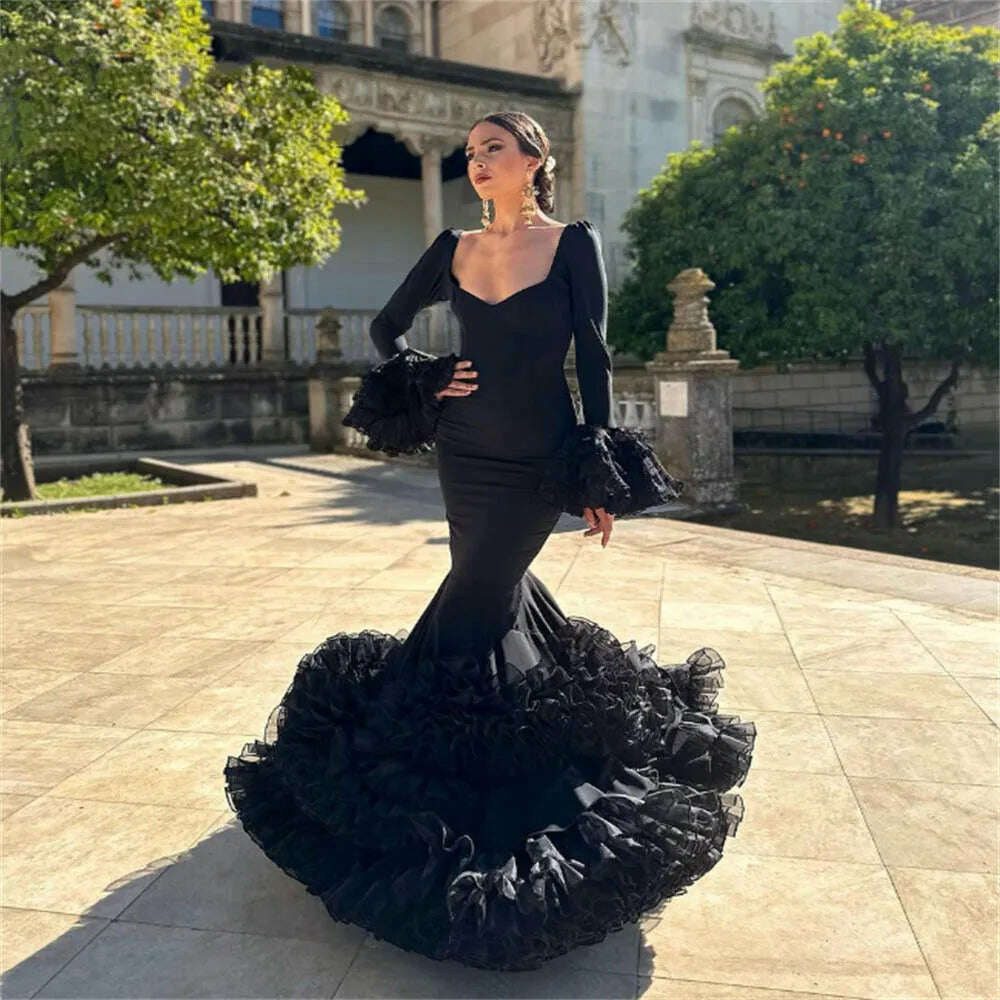 Flamenco Mermaid Prom Gowns 2023 Elegant Costume Spanish Women Evening Gowns With Sleeves Ruffle Dancer Party Ceremony Dresses - KIMLUD