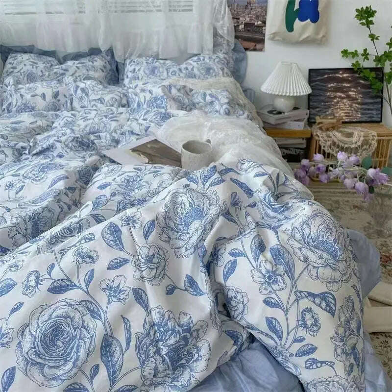 KIMLUD, Floral Blue Bedding Set No Filler Ins Style Duvet Cover Pillowcase Flat Sheet Single Twin Queen Size Boys Girls Bed Linens, KIMLUD Womens Clothes