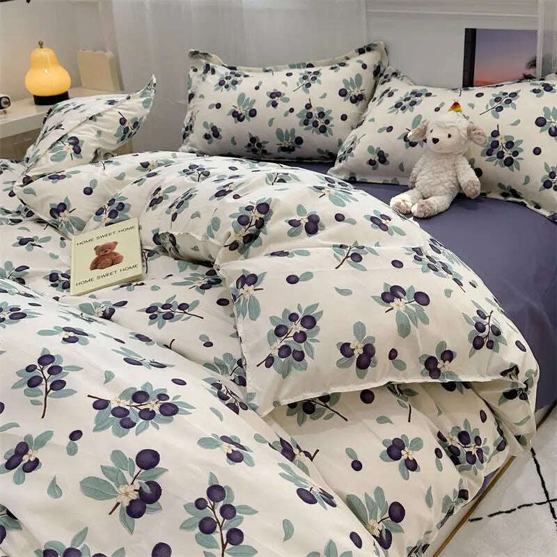 KIMLUD, Floral Blue Bedding Set No Filler Ins Style Duvet Cover Pillowcase Flat Sheet Single Twin Queen Size Boys Girls Bed Linens, 011 / Twin 3pcs for 1m bed / Flat Bed Sheet, KIMLUD APPAREL - Womens Clothes