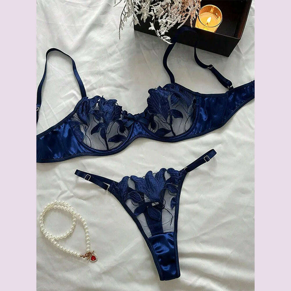 Floral Sexy Bra Sets for Women Lace Fancy Luxury Romantic Lingerie Underwear See Through Exotic Sets Embroidery Bra Brief Sets - KIMLUD