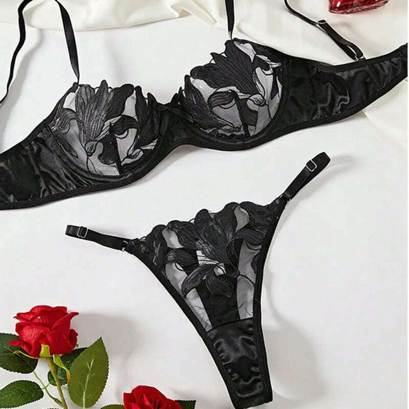 KIMLUD, Floral Sexy Bra Sets for Women Lace Fancy Luxury Romantic Lingerie Underwear See Through Exotic Sets Embroidery Bra Brief Sets, Black / XL, KIMLUD APPAREL - Womens Clothes