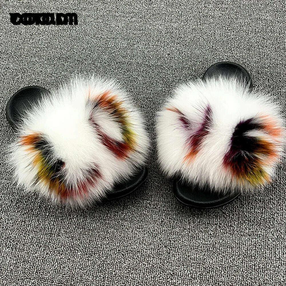 KIMLUD, Fluffy Raccoon Fur Slippers Shoes Women Fur Flip Flop Flat Furry Fur Slides Outdoor Sandals  Fuzzy Slippers Woman Amazing Shoes, KIMLUD Womens Clothes