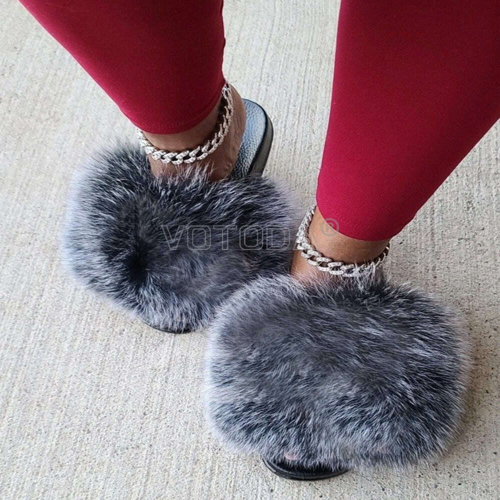 KIMLUD, Fluffy Raccoon Fur Slippers Shoes Women Fur Flip Flop Flat Furry Fur Slides Outdoor Sandals  Fuzzy Slippers Woman Amazing Shoes, KIMLUD Womens Clothes