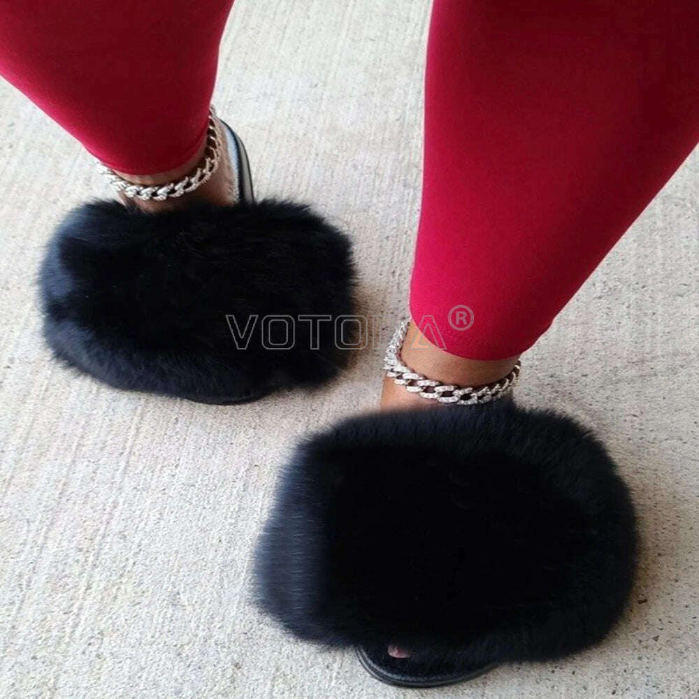 KIMLUD, Fluffy Raccoon Fur Slippers Shoes Women Fur Flip Flop Flat Furry Fur Slides Outdoor Sandals  Fuzzy Slippers Woman Amazing Shoes, KIMLUD Womens Clothes