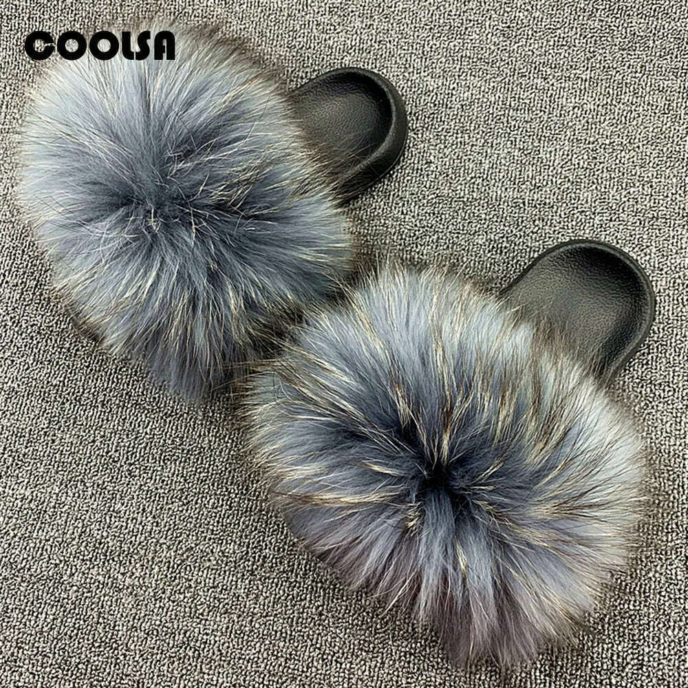 KIMLUD, Fluffy Raccoon Fur Slippers Shoes Women Fur Flip Flop Flat Furry Fur Slides Outdoor Sandals  Fuzzy Slippers Woman Amazing Shoes, KIMLUD Womens Clothes