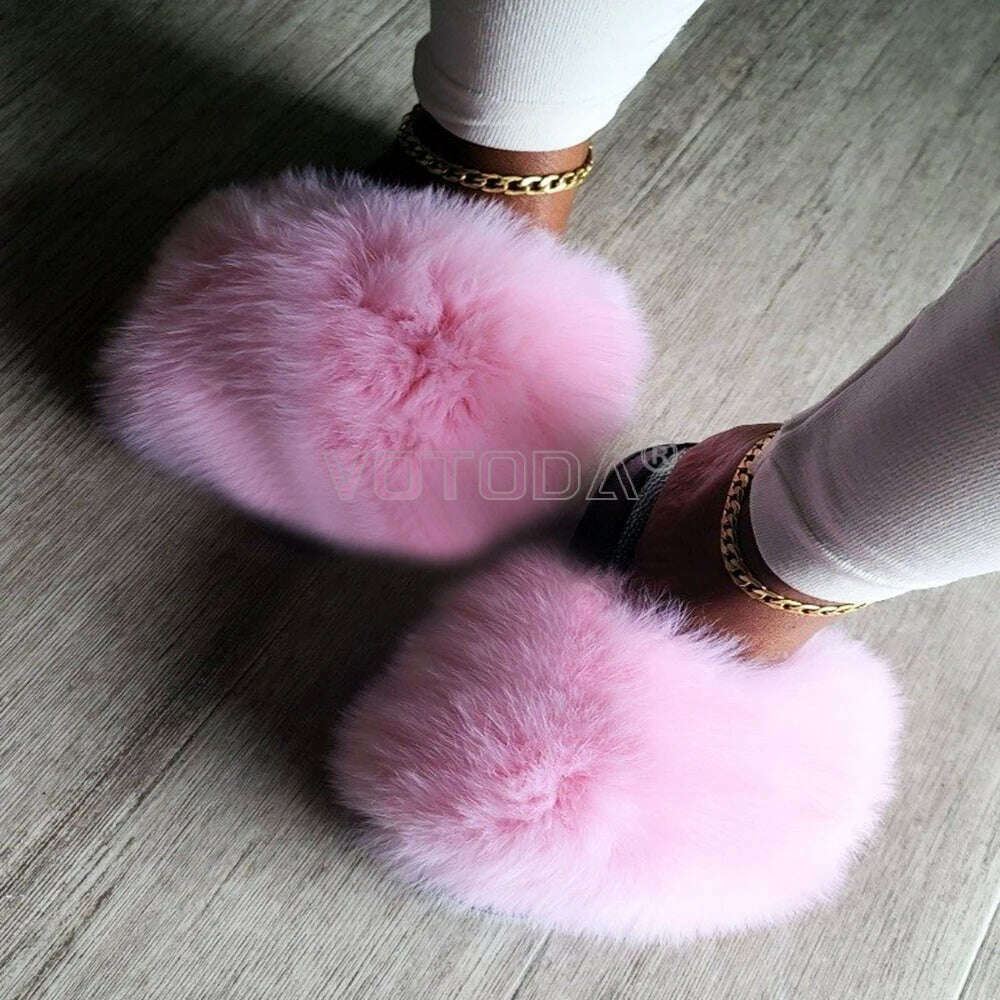 KIMLUD, Fluffy Raccoon Fur Slippers Shoes Women Fur Flip Flop Flat Furry Fur Slides Outdoor Sandals  Fuzzy Slippers Woman Amazing Shoes, Deep yellow / 5, KIMLUD APPAREL - Womens Clothes