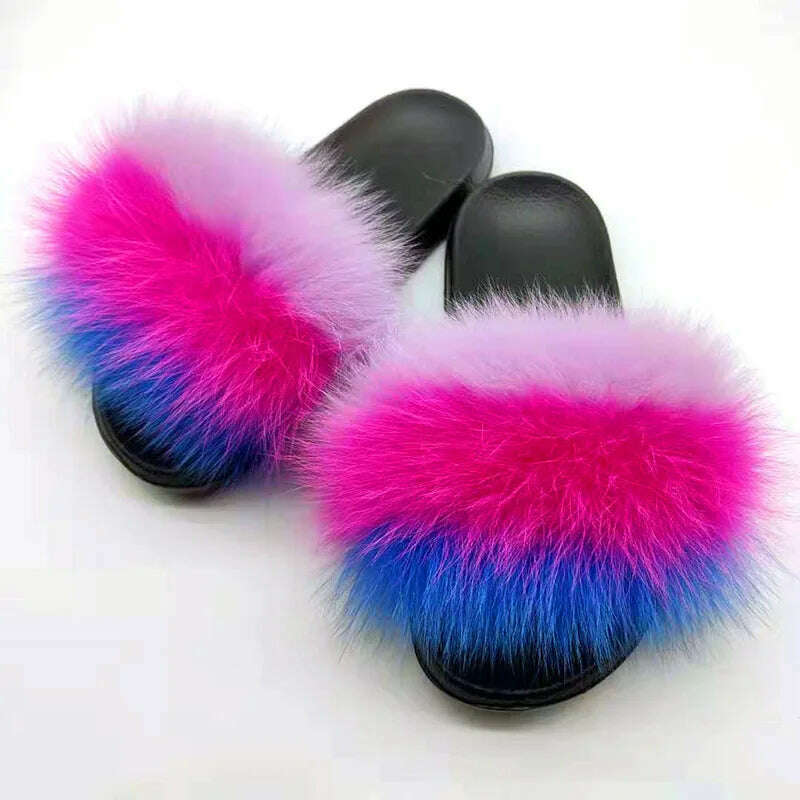 KIMLUD, Fluffy Raccoon Fur Slippers Shoes Women Fur Flip Flop Flat Furry Fur Slides Outdoor Sandals  Fuzzy Slippers Woman Amazing Shoes, KIMLUD Womens Clothes