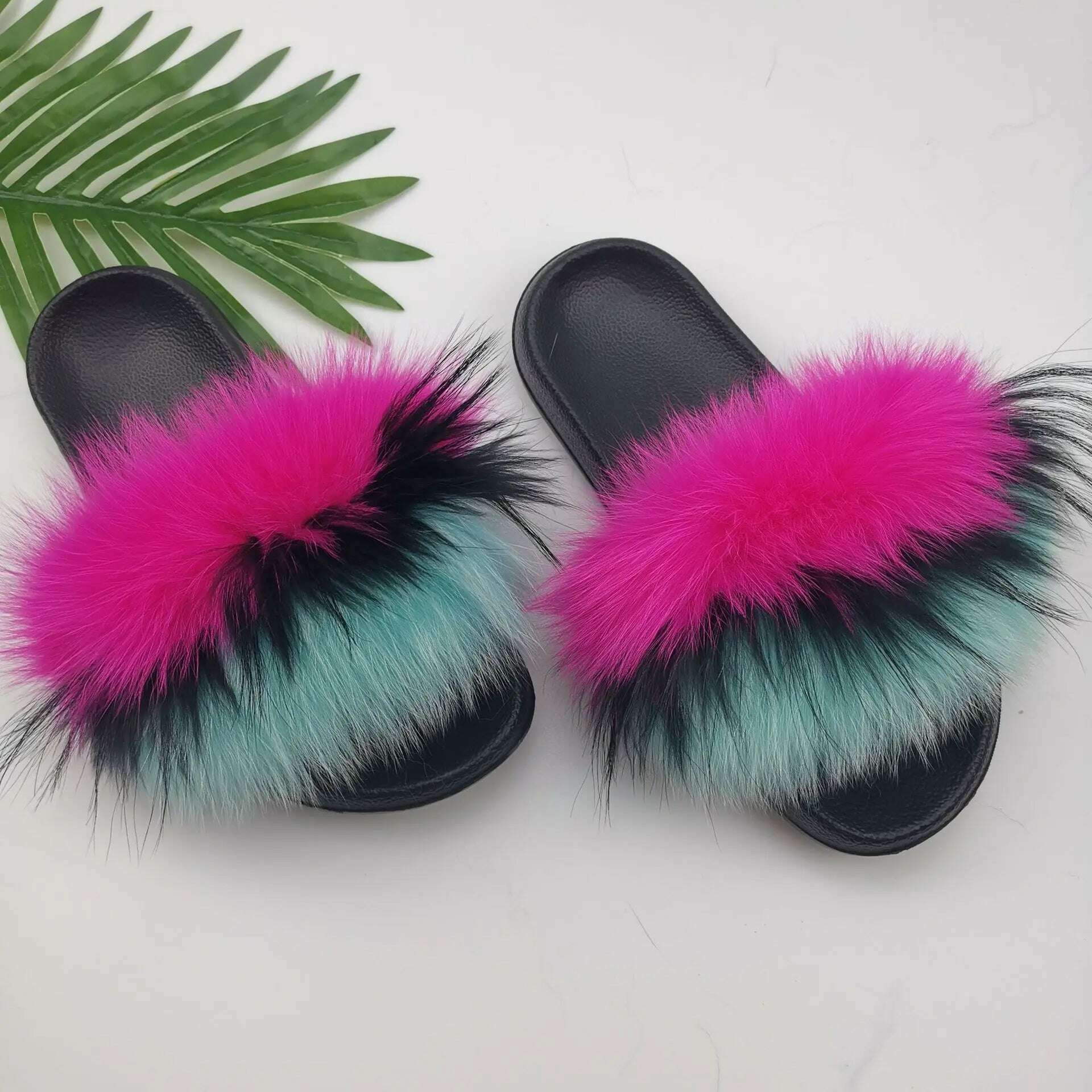 KIMLUD, Fluffy Raccoon Fur Slippers Shoes Women Fur Flip Flop Flat Furry Fur Slides Outdoor Sandals  Fuzzy Slippers Woman Amazing Shoes, KIMLUD Womens Clothes