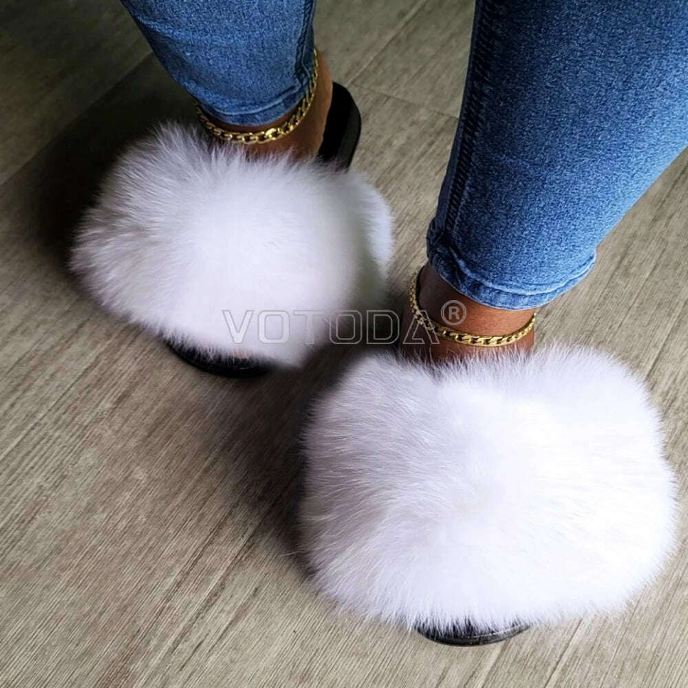 KIMLUD, Fluffy Raccoon Fur Slippers Shoes Women Fur Flip Flop Flat Furry Fur Slides Outdoor Sandals  Fuzzy Slippers Woman Amazing Shoes, White / 5, KIMLUD APPAREL - Womens Clothes