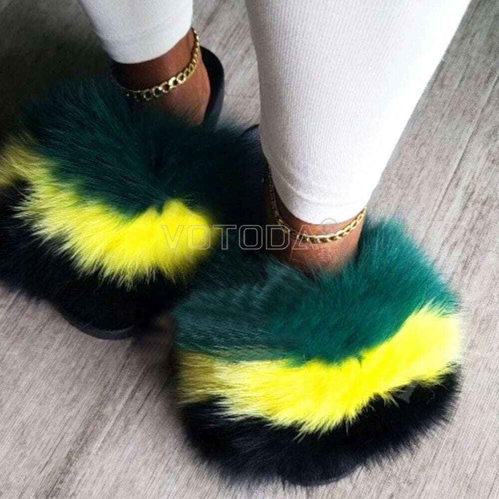 KIMLUD, Fluffy Raccoon Fur Slippers Shoes Women Fur Flip Flop Flat Furry Fur Slides Outdoor Sandals  Fuzzy Slippers Woman Amazing Shoes, Green yellow black / 5, KIMLUD APPAREL - Womens Clothes