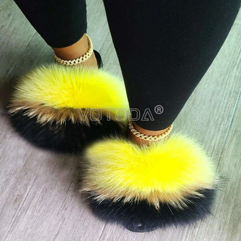 KIMLUD, Fluffy Raccoon Fur Slippers Shoes Women Fur Flip Flop Flat Furry Fur Slides Outdoor Sandals  Fuzzy Slippers Woman Amazing Shoes, Yellow black / 7, KIMLUD APPAREL - Womens Clothes