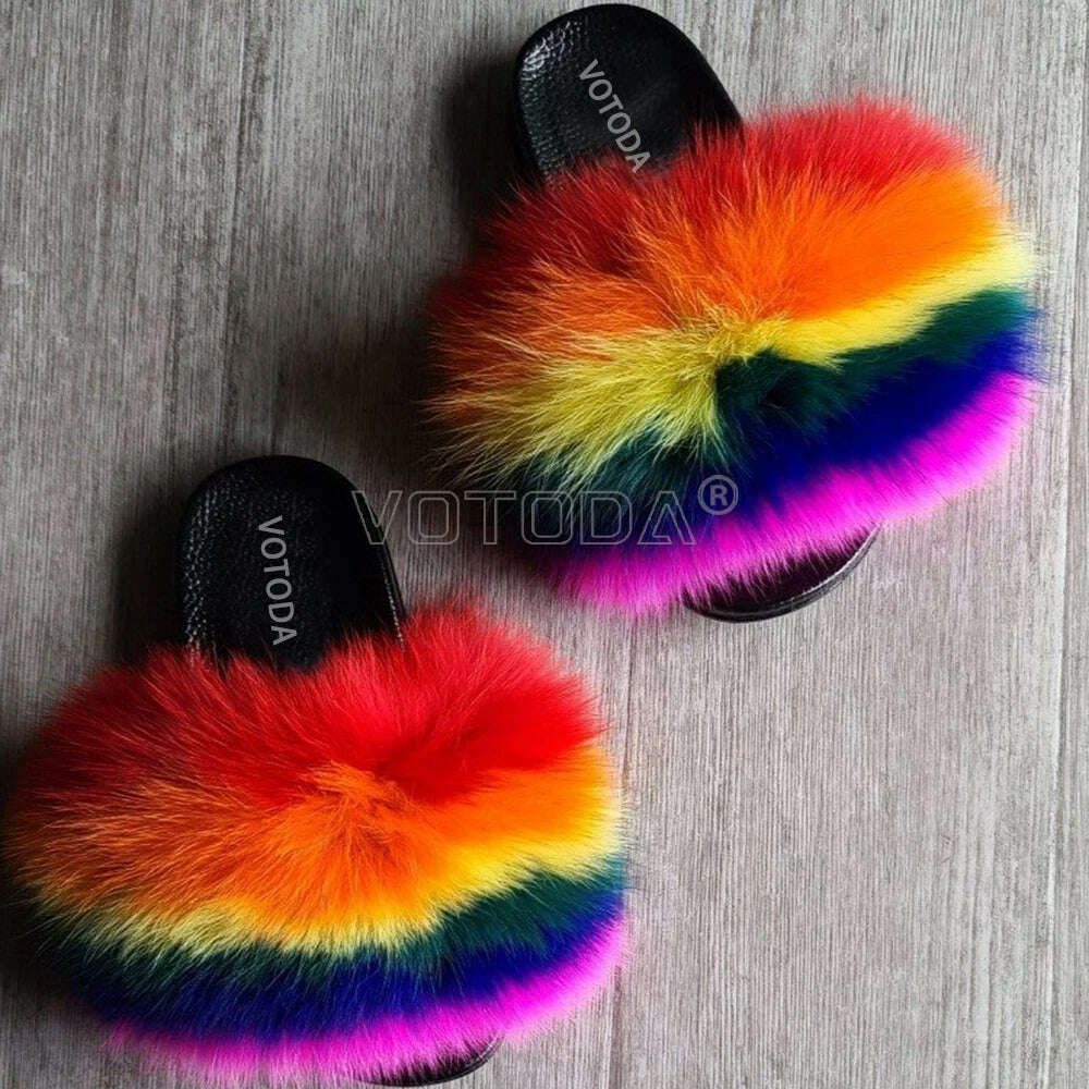 KIMLUD, Fluffy Raccoon Fur Slippers Shoes Women Fur Flip Flop Flat Furry Fur Slides Outdoor Sandals  Fuzzy Slippers Woman Amazing Shoes, Rainbow colors / 11, KIMLUD APPAREL - Womens Clothes