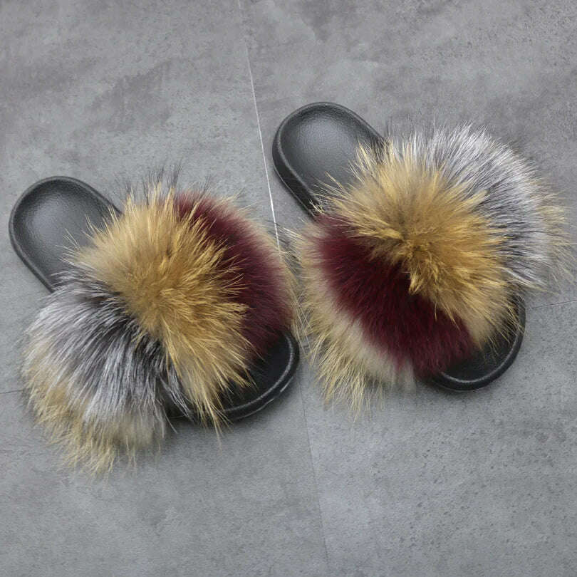 KIMLUD, Fluffy Raccoon Fur Slippers Shoes Women Fur Flip Flop Flat Furry Fur Slides Outdoor Sandals  Fuzzy Slippers Woman Amazing Shoes, mixed color L / 11, KIMLUD APPAREL - Womens Clothes