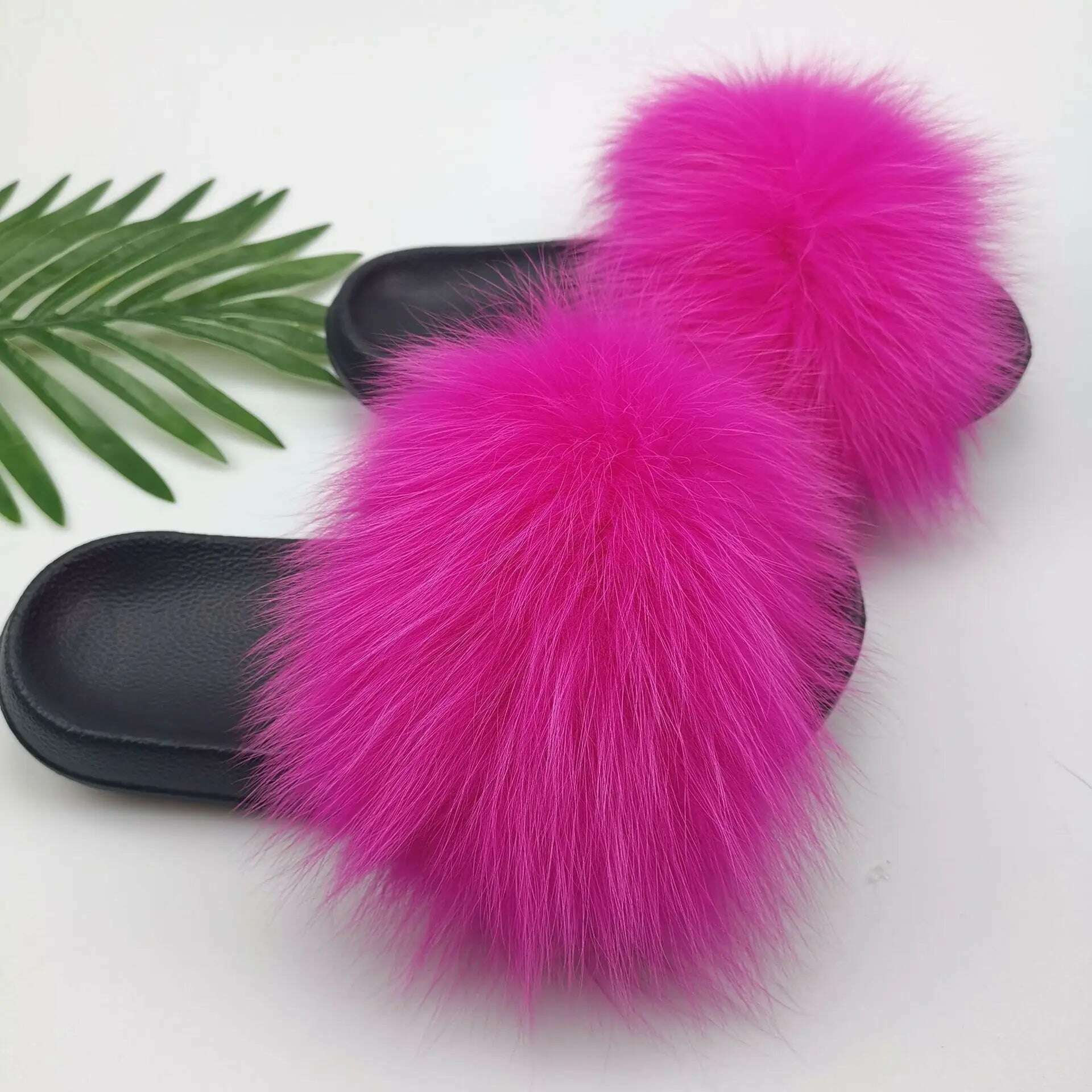 KIMLUD, Fluffy Raccoon Fur Slippers Shoes Women Fur Flip Flop Flat Furry Fur Slides Outdoor Sandals  Fuzzy Slippers Woman Amazing Shoes, Rose Red / 7, KIMLUD APPAREL - Womens Clothes