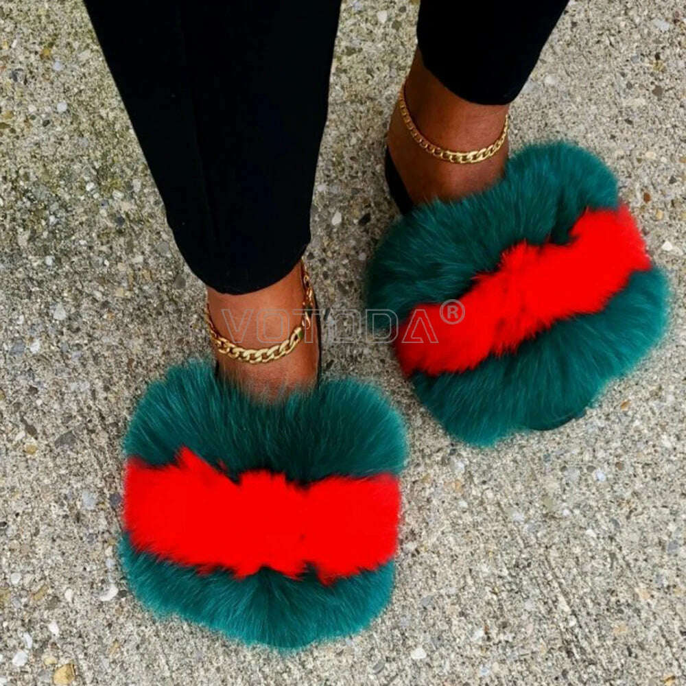 KIMLUD, Fluffy Raccoon Fur Slippers Shoes Women Fur Flip Flop Flat Furry Fur Slides Outdoor Sandals  Fuzzy Slippers Woman Amazing Shoes, Red green / 9, KIMLUD APPAREL - Womens Clothes