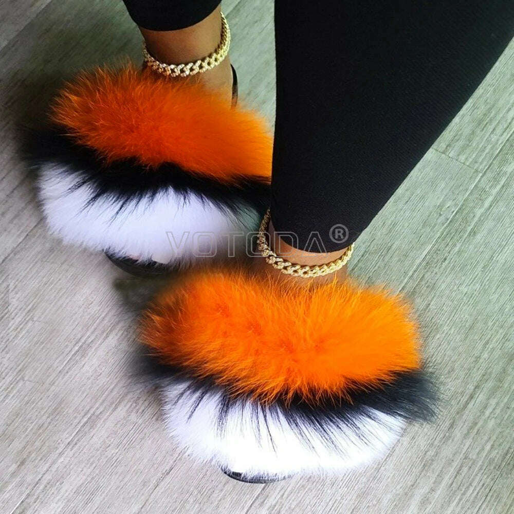 KIMLUD, Fluffy Raccoon Fur Slippers Shoes Women Fur Flip Flop Flat Furry Fur Slides Outdoor Sandals  Fuzzy Slippers Woman Amazing Shoes, KIMLUD Womens Clothes