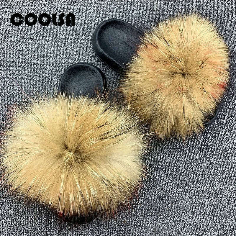 KIMLUD, Fluffy Raccoon Fur Slippers Shoes Women Fur Flip Flop Flat Furry Fur Slides Outdoor Sandals  Fuzzy Slippers Woman Amazing Shoes, KIMLUD Womens Clothes