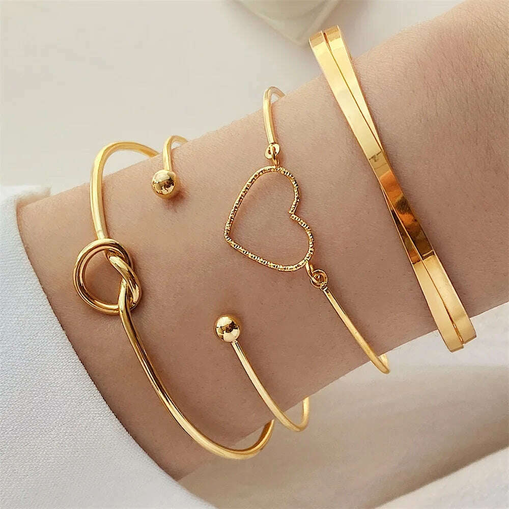 KIMLUD, FNIO Geometric Engraved Flower Leaf Star Bracelet For Women Girl Fashion Metal Gold Color LOVE Letter Open Bracelet Bangle Gift, FN832027, KIMLUD APPAREL - Womens Clothes