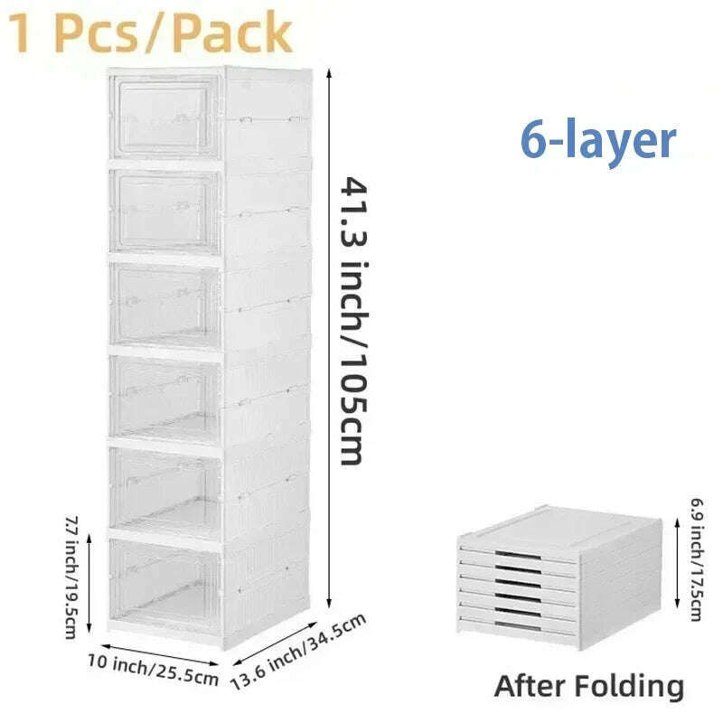 KIMLUD, Foldable Shoe Rack Organizer 6 Layers Transparent Tackie Box Collapsible Home Sneaker Storage Stackable Shoes Cabinet For Closet, 6-layer, KIMLUD APPAREL - Womens Clothes