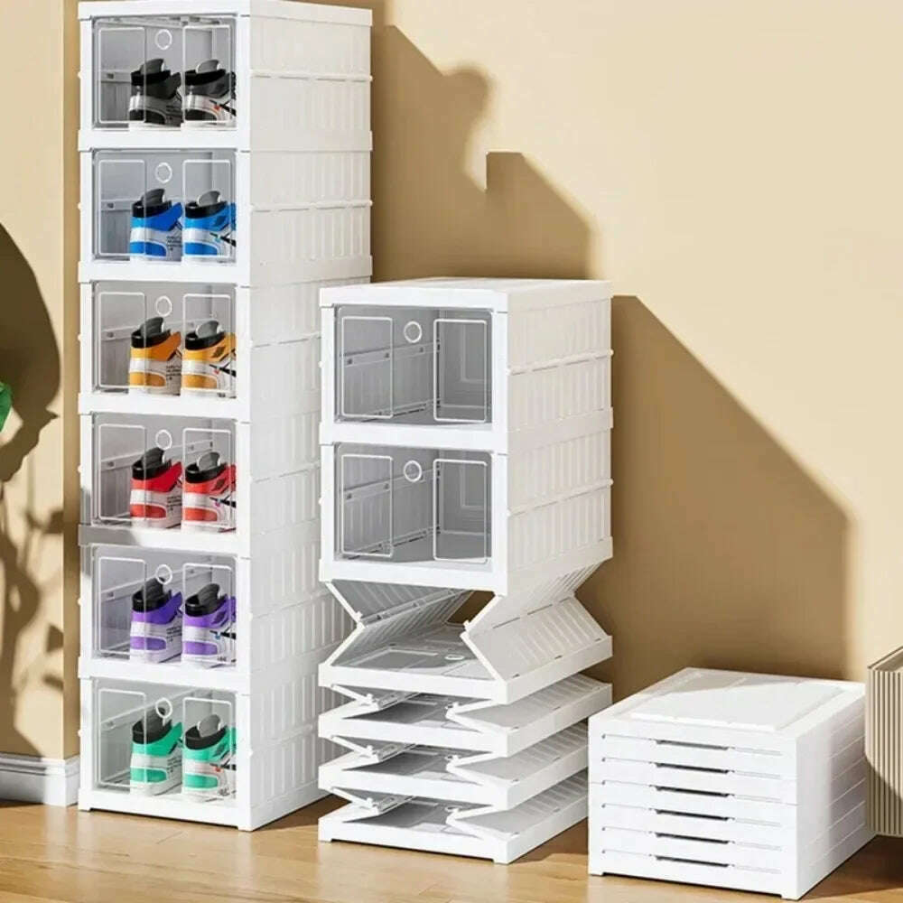 Foldable Shoe Storage Box Stackable Dustproof Transparent Living Room Sneaker Cabinet For Closet Multi Layer Cubby Shoes Rack - KIMLUD