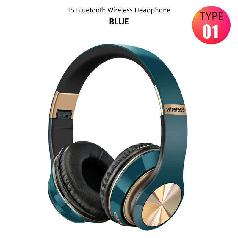 KIMLUD, Foldable Sport Earphone HiFi Headset Wireless Headphones Bluetooth Music Headset Over Ear Bass Earphone With Mic Support TF Card, T1 Blue, KIMLUD APPAREL - Womens Clothes