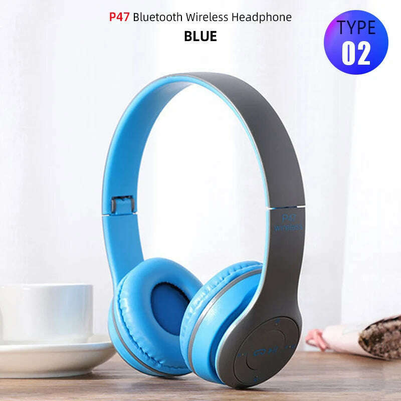 KIMLUD, Foldable Sport Earphone HiFi Headset Wireless Headphones Bluetooth Music Headset Over Ear Bass Earphone With Mic Support TF Card, T2 Blue, KIMLUD APPAREL - Womens Clothes