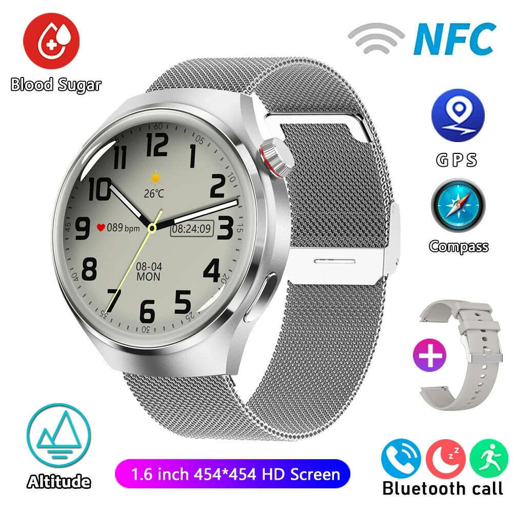 KIMLUD, For HUAWEI GT4 Pro GPS NFC Smart Watch Men 360*360 AMOLED Screen Heart rate Bluetooth Call IP68 Waterproof Man Smartwatch 2024, Silver mesh belt / NFC Watch GT4 Pro, KIMLUD APPAREL - Womens Clothes