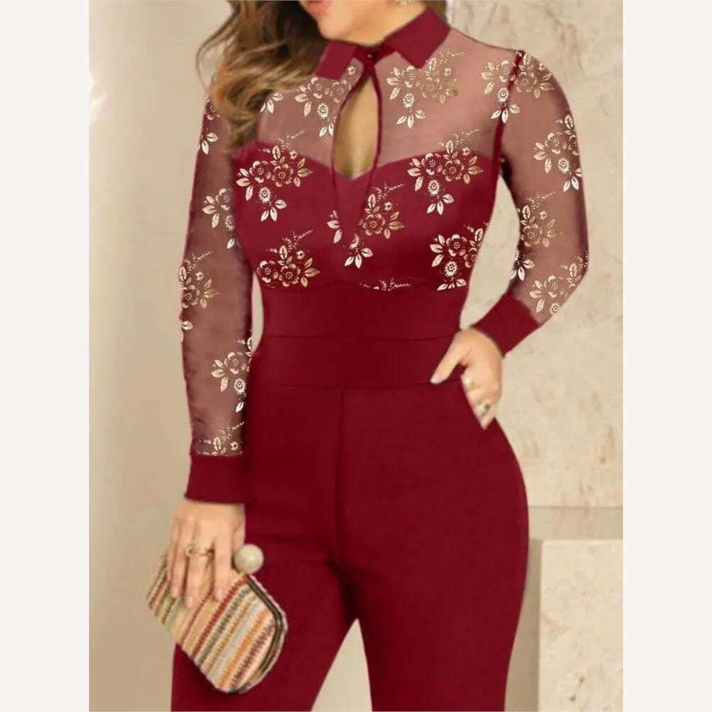 KIMLUD, For Women's Spring Autumn New Long Sleeve Lace Printed Jumpsuit Pants Fashion Slim Waist Elegant Female Lace Jumpsuit Long Pants, Claret / S, KIMLUD APPAREL - Womens Clothes