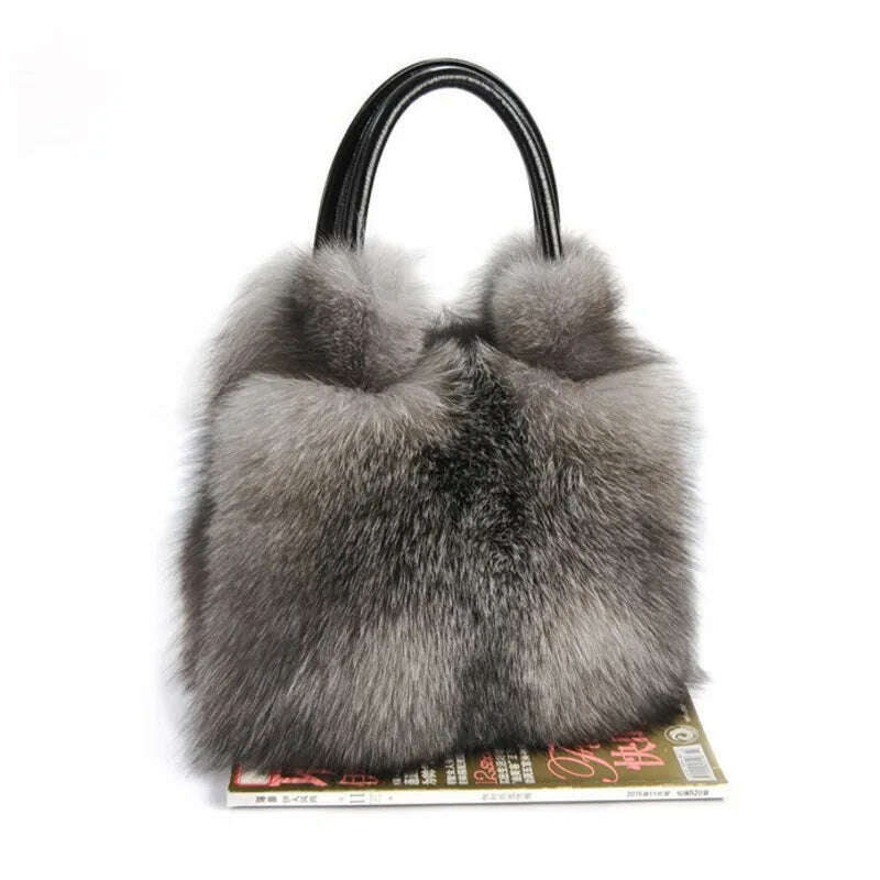 KIMLUD, Fox Fur Bag Handbag Ladies Bag Purses And Handbags Fluffy Warm bag Single Shoulder Crossbody Bags Silver Fox Fur Lady Clutch Bag, KIMLUD Womens Clothes